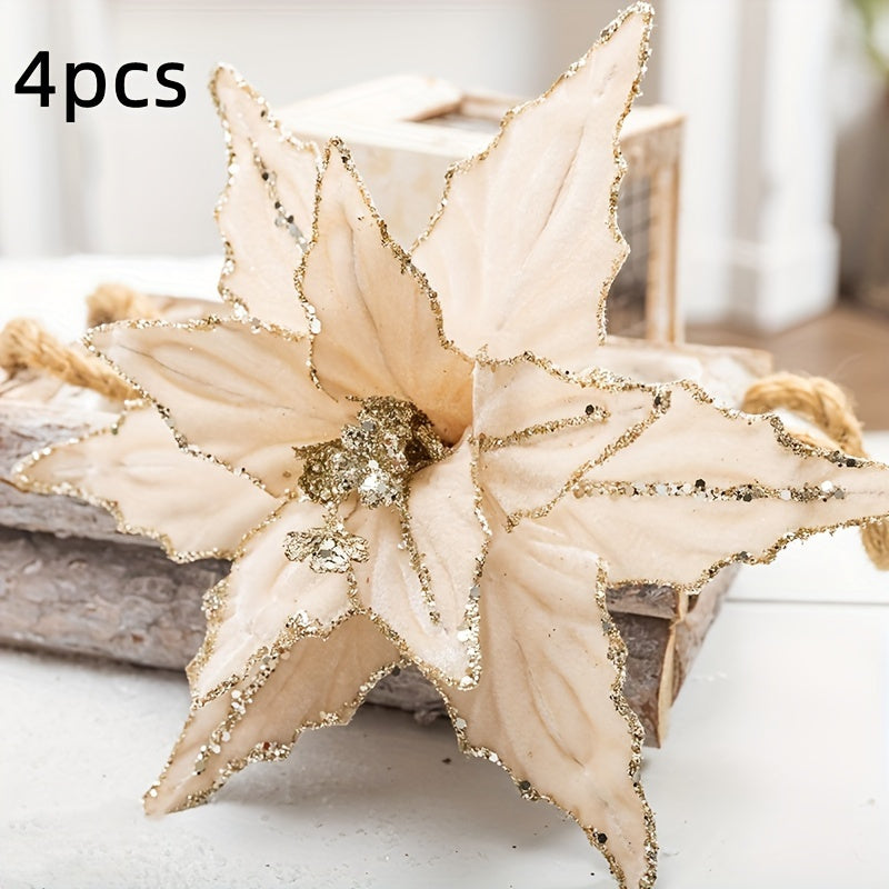 🌺 Pack 4 Colgantes Nochebuena Terciopelo - Rojo y Dorado con Brillantina 🎄 Ornamentos navideños colgantes • ✨ Glitter festivo • 🔋 Sin electricidad • 🎁 Decoración premium