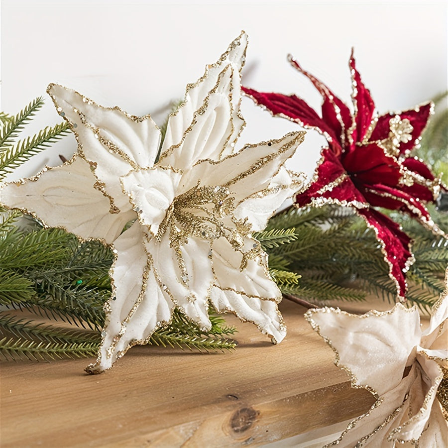 🌺 Pack 4 Colgantes Nochebuena Terciopelo - Rojo y Dorado con Brillantina 🎄 Ornamentos navideños colgantes • ✨ Glitter festivo • 🔋 Sin electricidad • 🎁 Decoración premium