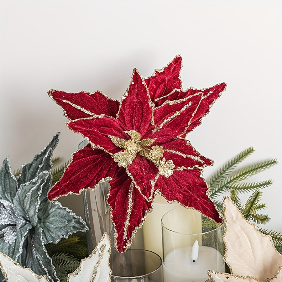 🌺 Pack 4 Colgantes Nochebuena Terciopelo - Rojo y Dorado con Brillantina 🎄 Ornamentos navideños colgantes • ✨ Glitter festivo • 🔋 Sin electricidad • 🎁 Decoración premium