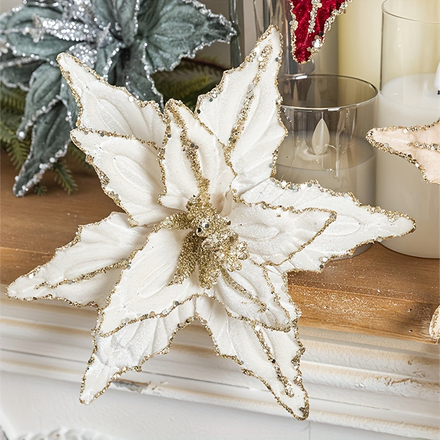 🌺 Pack 4 Colgantes Nochebuena Terciopelo - Rojo y Dorado con Brillantina 🎄 Ornamentos navideños colgantes • ✨ Glitter festivo • 🔋 Sin electricidad • 🎁 Decoración premium