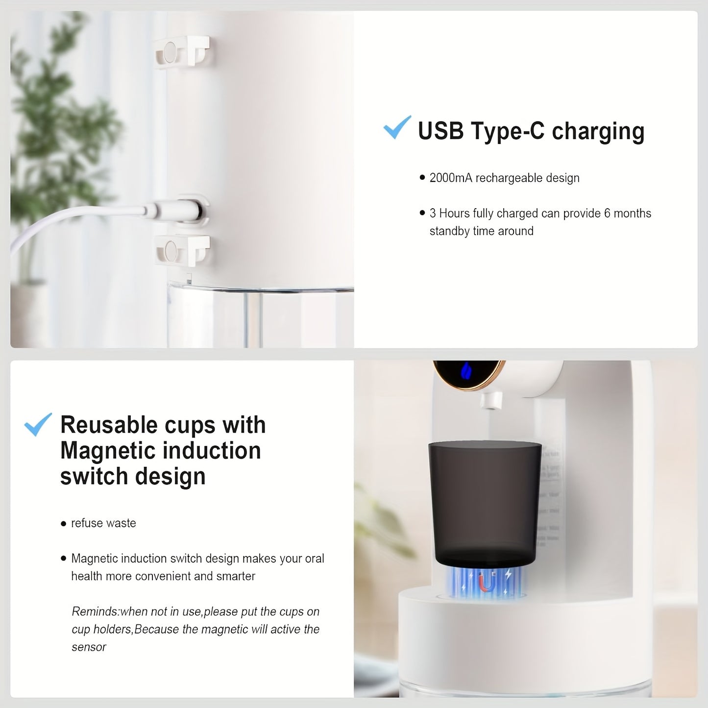 🪥 SmartTouch – Dispensador Automático de Enjuague Bucal 💧
4 Modos Ajustables ⚙️ | Depósito Transparente 600 ml 🥂 con Vasos Magnéticos | Diseño Antigoteo & Higiénico 🛡 | Organizador Moderno de Baño en B