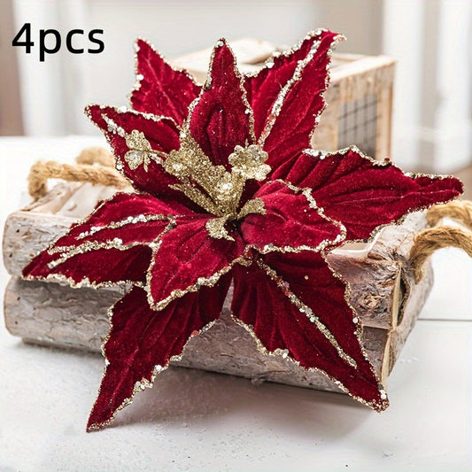 🌺 Pack 4 Colgantes Nochebuena Terciopelo - Rojo y Dorado con Brillantina 🎄 Ornamentos navideños colgantes • ✨ Glitter festivo • 🔋 Sin electricidad • 🎁 Decoración premium