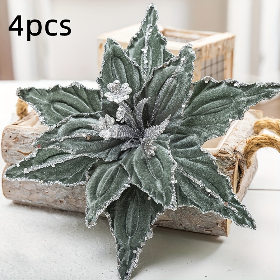 🌺 Pack 4 Colgantes Nochebuena Terciopelo - Rojo y Dorado con Brillantina 🎄 Ornamentos navideños colgantes • ✨ Glitter festivo • 🔋 Sin electricidad • 🎁 Decoración premium