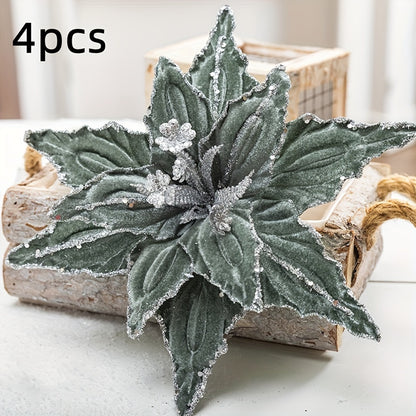🌺 Pack 4 Colgantes Nochebuena Terciopelo - Rojo y Dorado con Brillantina 🎄 Ornamentos navideños colgantes • ✨ Glitter festivo • 🔋 Sin electricidad • 🎁 Decoración premium