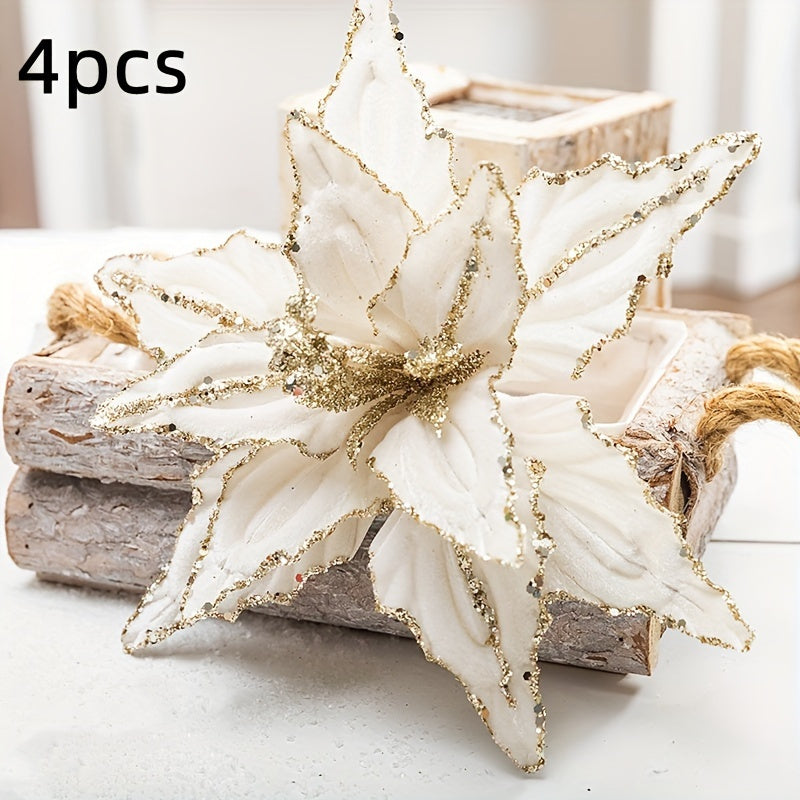 🌺 Pack 4 Colgantes Nochebuena Terciopelo - Rojo y Dorado con Brillantina 🎄 Ornamentos navideños colgantes • ✨ Glitter festivo • 🔋 Sin electricidad • 🎁 Decoración premium