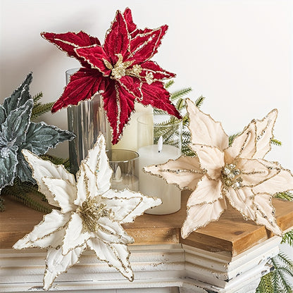 🌺 Pack 4 Colgantes Nochebuena Terciopelo - Rojo y Dorado con Brillantina 🎄 Ornamentos navideños colgantes • ✨ Glitter festivo • 🔋 Sin electricidad • 🎁 Decoración premium