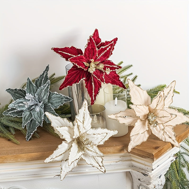🌺 Pack 4 Colgantes Nochebuena Terciopelo - Rojo y Dorado con Brillantina 🎄 Ornamentos navideños colgantes • ✨ Glitter festivo • 🔋 Sin electricidad • 🎁 Decoración premium