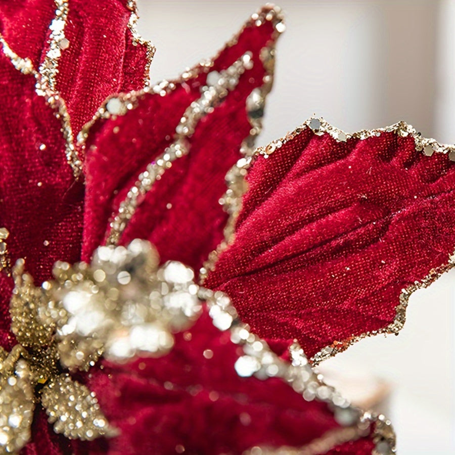 🌺 Pack 4 Colgantes Nochebuena Terciopelo - Rojo y Dorado con Brillantina 🎄 Ornamentos navideños colgantes • ✨ Glitter festivo • 🔋 Sin electricidad • 🎁 Decoración premium