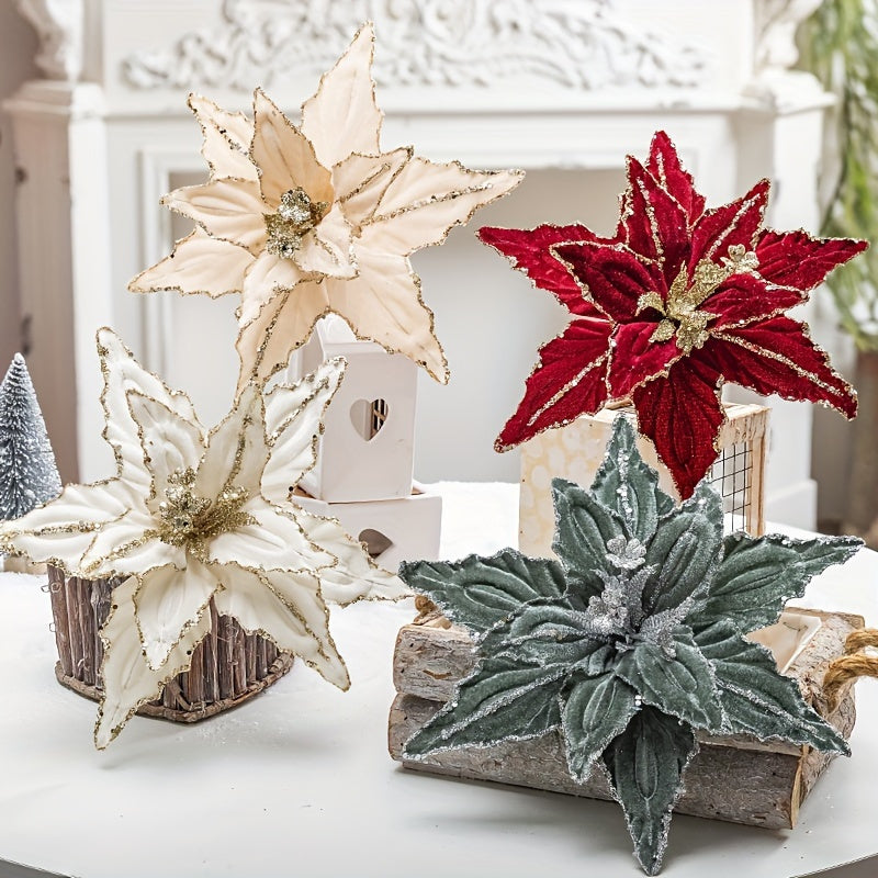 🌺 Pack 4 Colgantes Nochebuena Terciopelo - Rojo y Dorado con Brillantina 🎄 Ornamentos navideños colgantes • ✨ Glitter festivo • 🔋 Sin electricidad • 🎁 Decoración premium