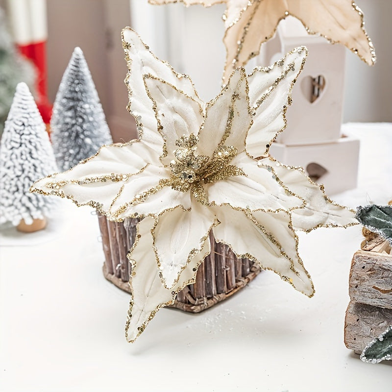 🌺 Pack 4 Colgantes Nochebuena Terciopelo - Rojo y Dorado con Brillantina 🎄 Ornamentos navideños colgantes • ✨ Glitter festivo • 🔋 Sin electricidad • 🎁 Decoración premium