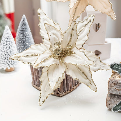 🌺 Pack 4 Colgantes Nochebuena Terciopelo - Rojo y Dorado con Brillantina 🎄 Ornamentos navideños colgantes • ✨ Glitter festivo • 🔋 Sin electricidad • 🎁 Decoración premium