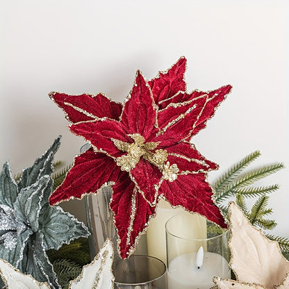 🌺 Pack 4 Colgantes Nochebuena Terciopelo - Rojo y Dorado con Brillantina 🎄 Ornamentos navideños colgantes • ✨ Glitter festivo • 🔋 Sin electricidad • 🎁 Decoración premium