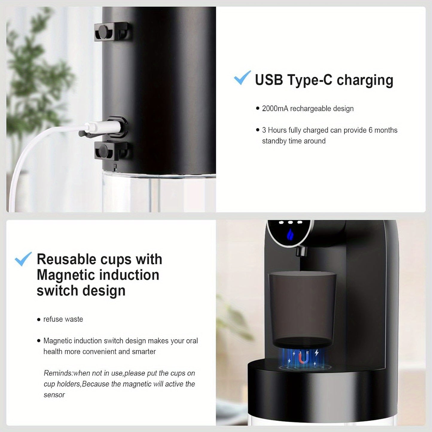 🪥 SmartTouch – Dispensador Automático de Enjuague Bucal 💧
4 Modos Ajustables ⚙️ | Depósito Transparente 600 ml 🥂 con Vasos Magnéticos | Diseño Antigoteo & Higiénico 🛡 | Organizador Moderno de Baño en B