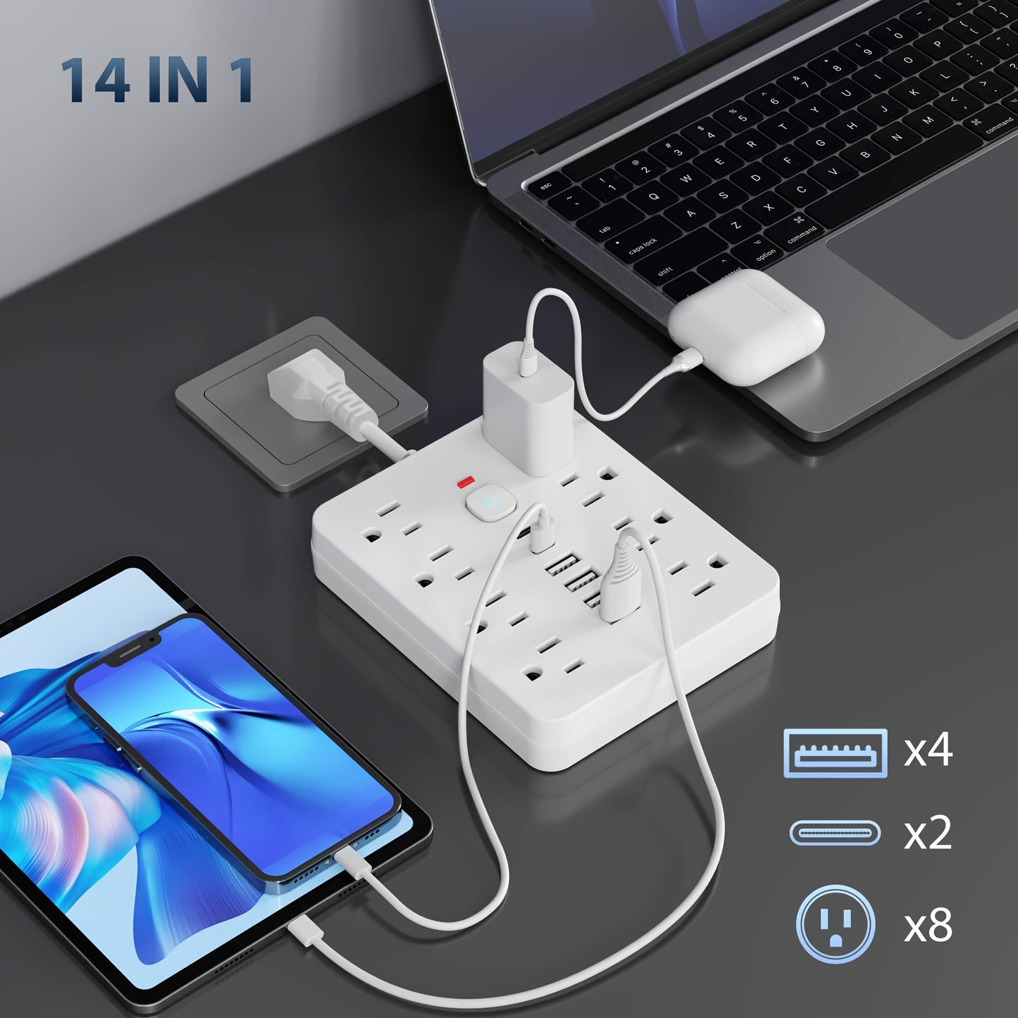 Olvídate del Desorden 🔌 – Multicontacto 14 en 1 con USB y Protección Total
Carga Todo con un Solo Toque 🖲️ – Regleta Inteligente con Puertos USB + Tipo-C