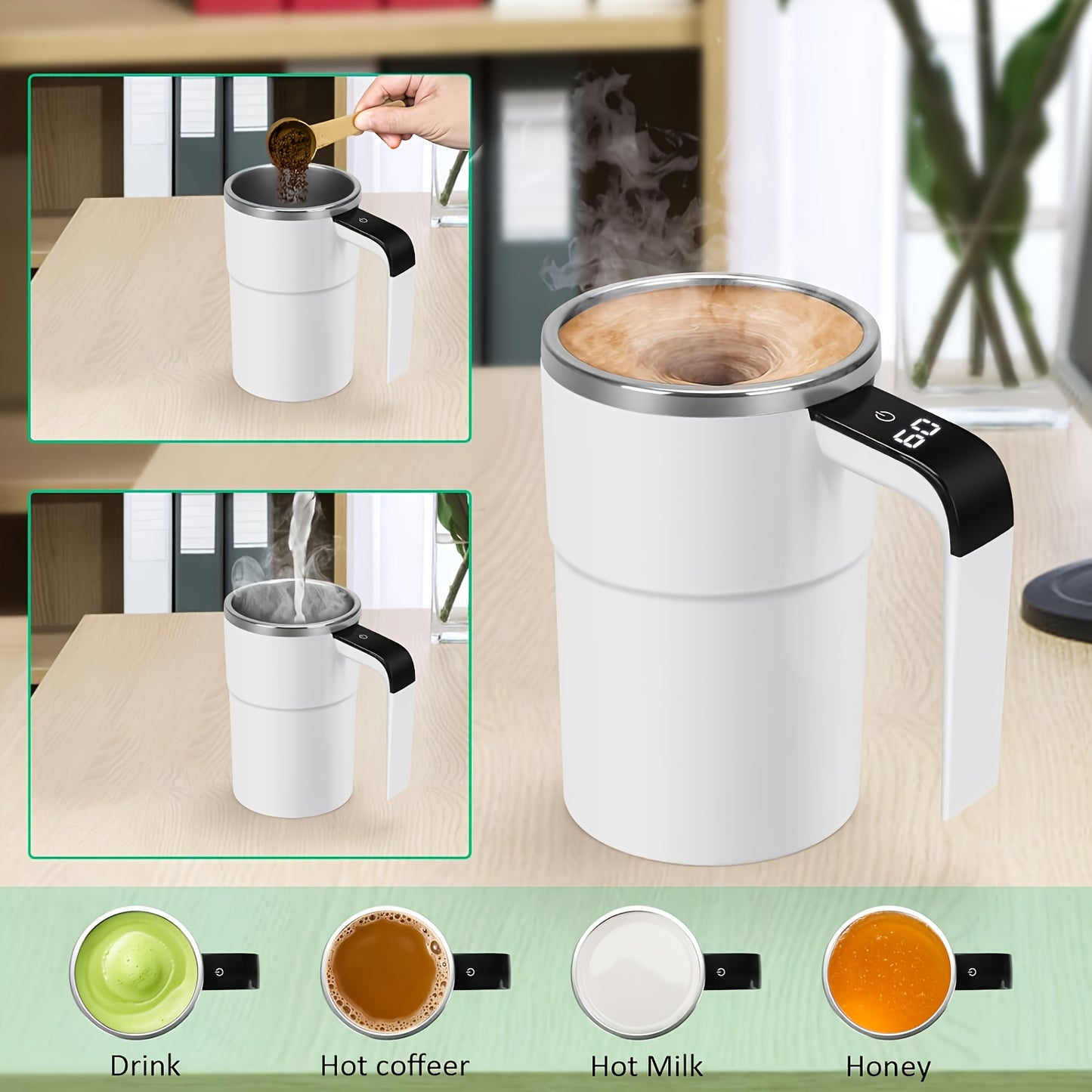 NIJ Electric Mixing Cup with One-Touch Automatic Mixing, USB-Rechargeable Coffee Mug with Lithium-Polymer Battery, Portable Cup for Home, Office, Travel - Ideal Gift for Coffee & Cocoa Lovers (Compatible with Milk, Cocoa, Sha