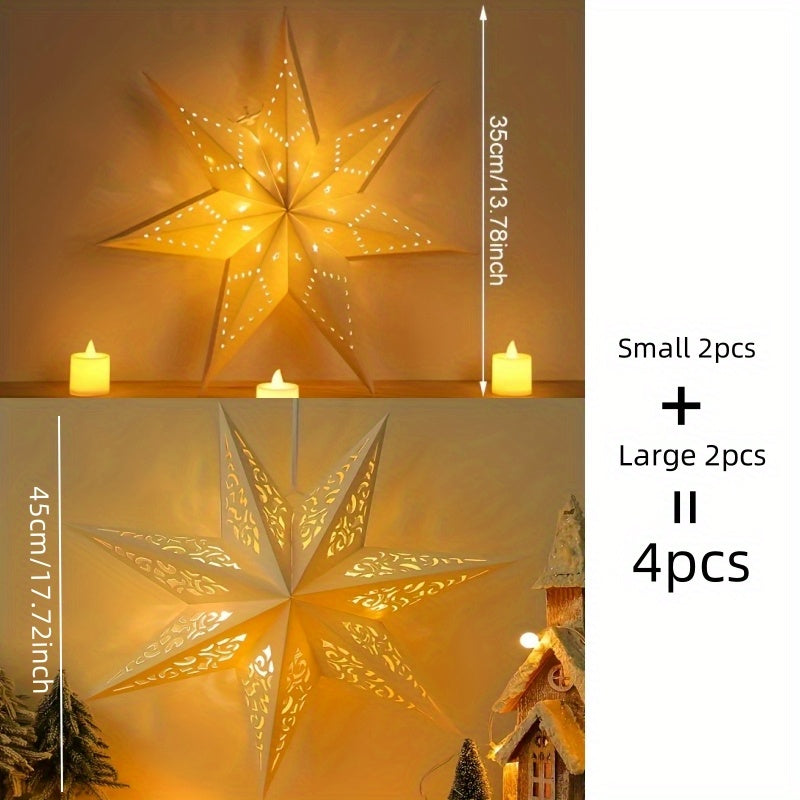 ⭐ 4 Linternas de Papel Estrella - Diseños Calados Artesanales
🕯️ Luz cálida sin electricidad • 🏠 Hogar, dormitorio, bodas • 🎄 Decoración navideña • ✨ Incluye velas